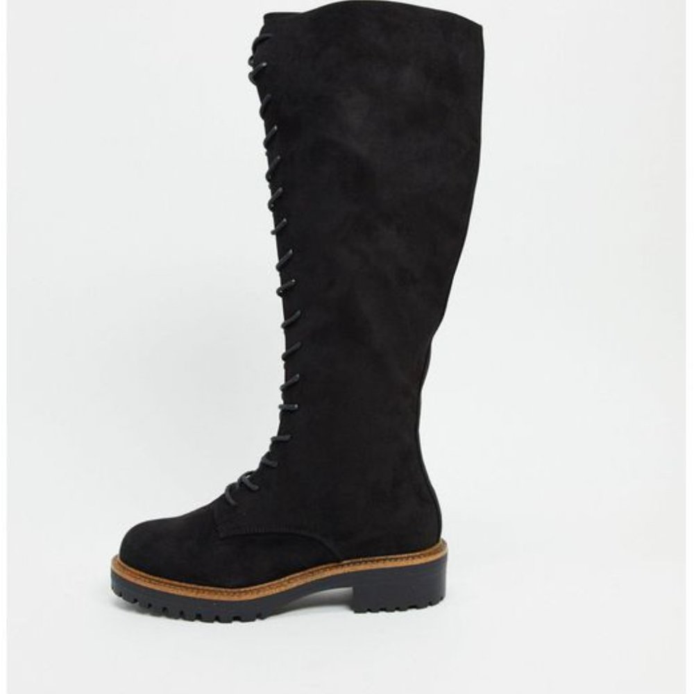 NEW  ASOS DESIGN Wide Fit Courtney SIZE 9W Black chunky lace up knee high boot